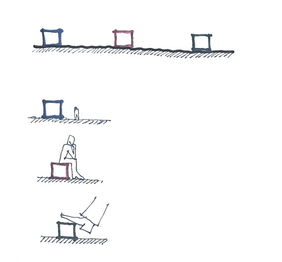 Croqui à mão mostrando quatro cenas com quadrados em perspectiva. Na parte superior, três quadrados iguais em cores diferentes (azul, vermelho e azul-escuro) sobre um plano hachurado. Abaixo, três cenas separadas mostram o mesmo quadrado ganhando escala pela presença humana: um quadrado ao lado de uma figura em pé, outro com uma figura sentada em cima, e outro com uma pessoa apoiada sobre ele.